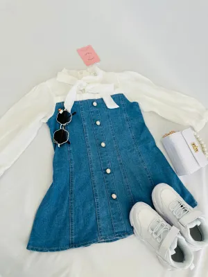 Denim Dress with White Cotton Top & Pearl Button Details