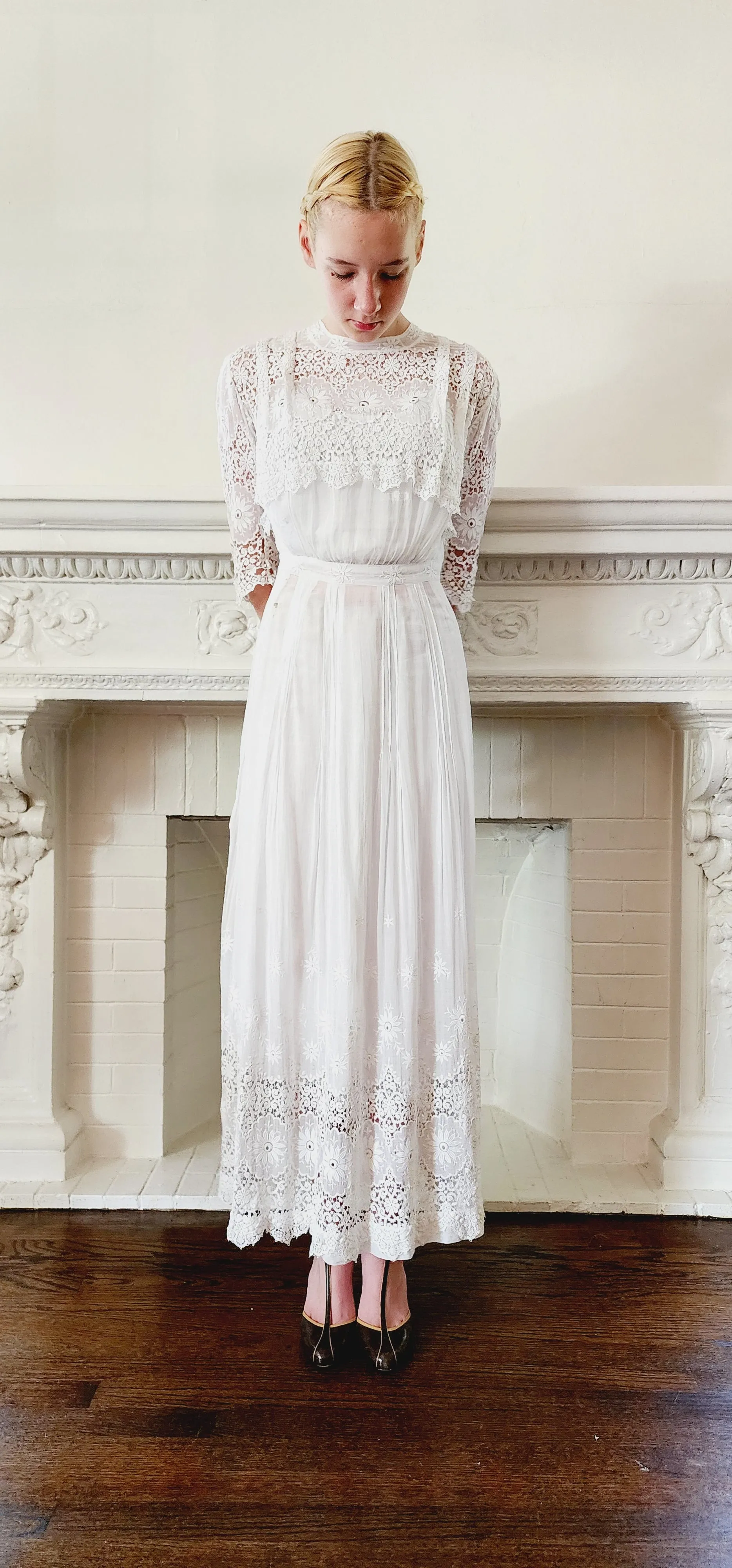 Edwardian White Cotton Tea Dress Embroidered Crochet Lace AS IS / XS