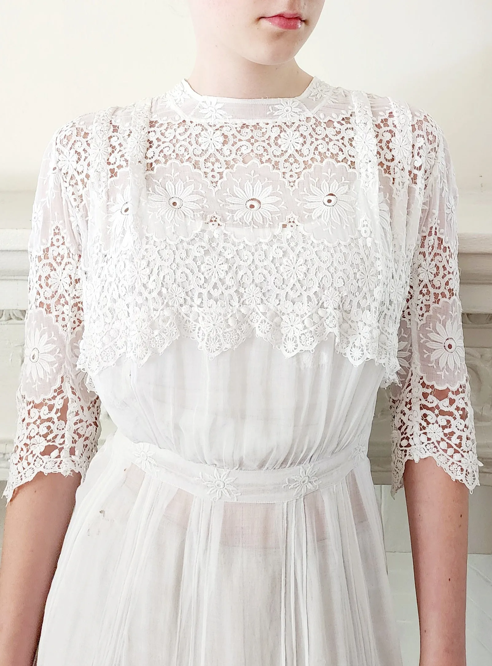 Edwardian White Cotton Tea Dress Embroidered Crochet Lace AS IS / XS
