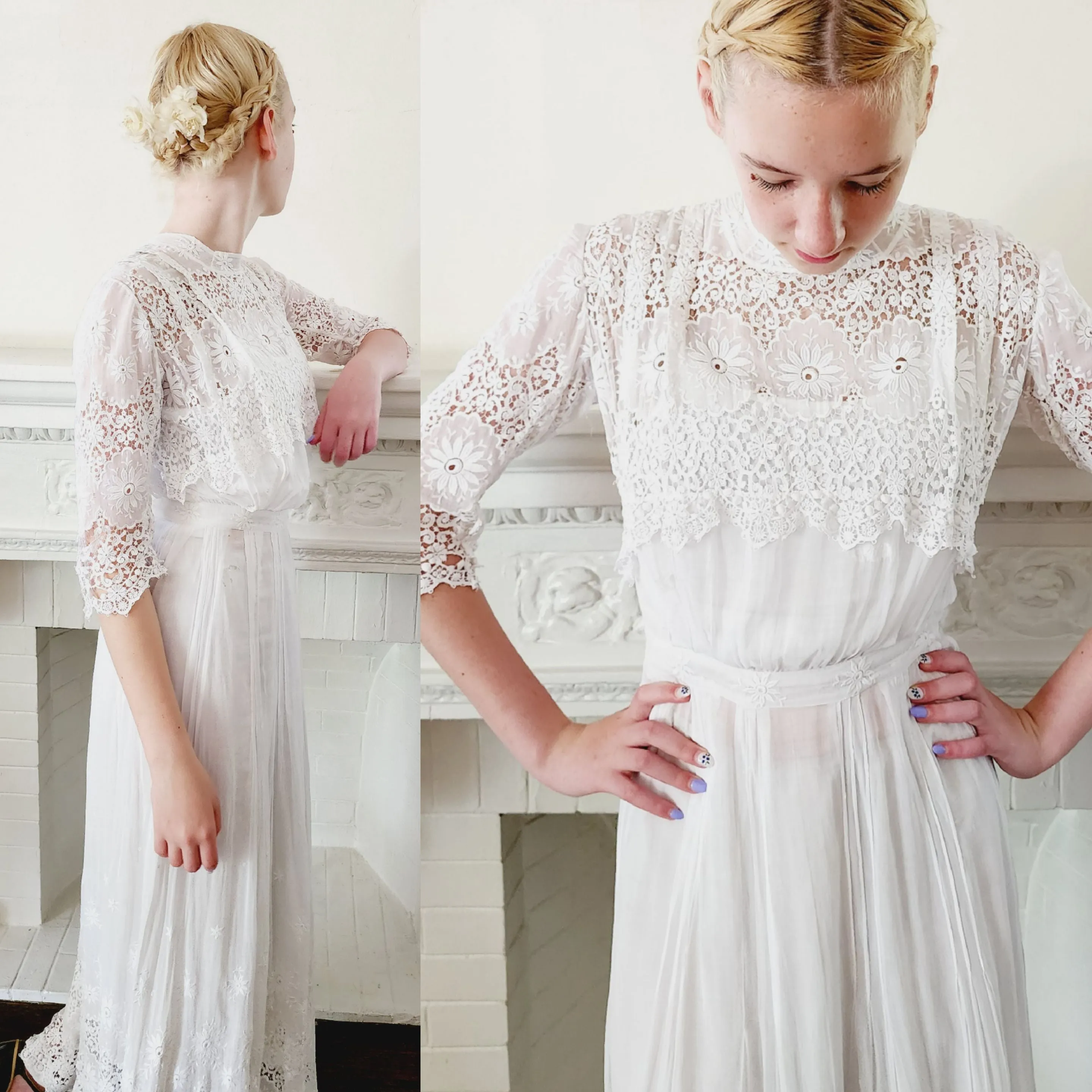 Edwardian White Cotton Tea Dress Embroidered Crochet Lace AS IS / XS