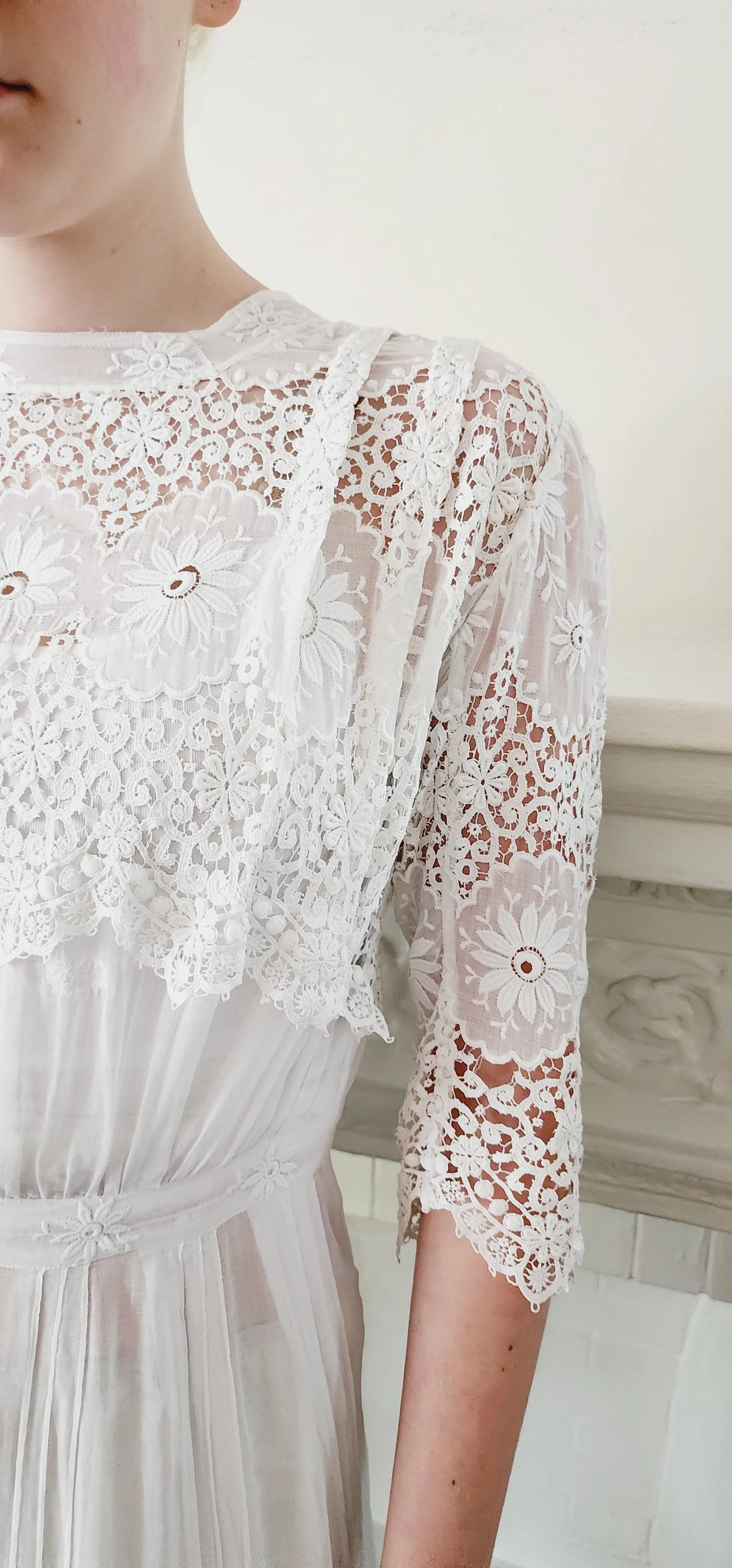 Edwardian White Cotton Tea Dress Embroidered Crochet Lace AS IS / XS