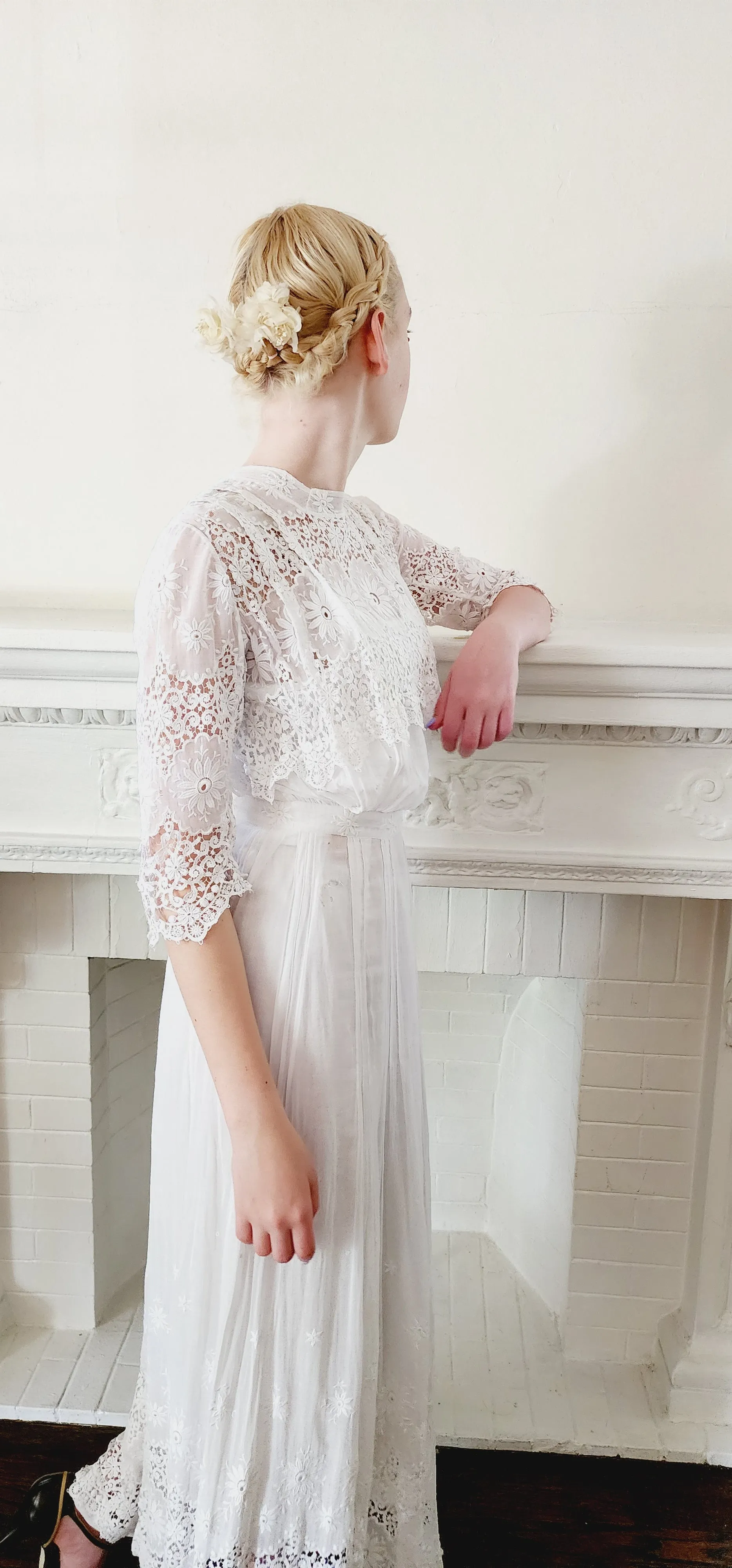 Edwardian White Cotton Tea Dress Embroidered Crochet Lace AS IS / XS