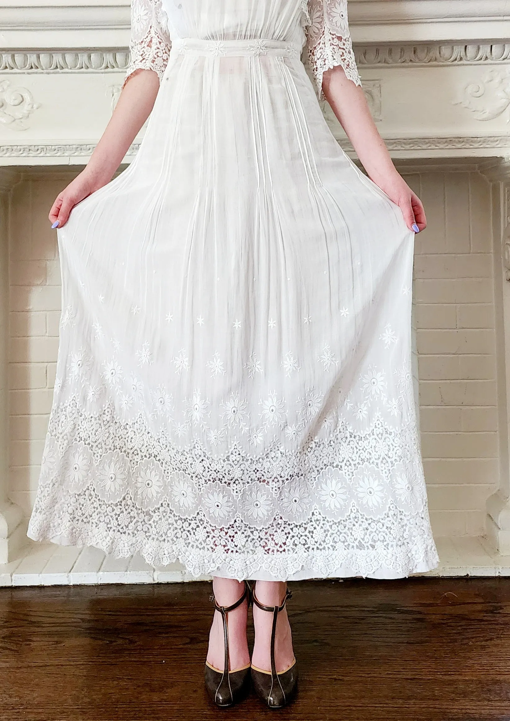 Edwardian White Cotton Tea Dress Embroidered Crochet Lace AS IS / XS