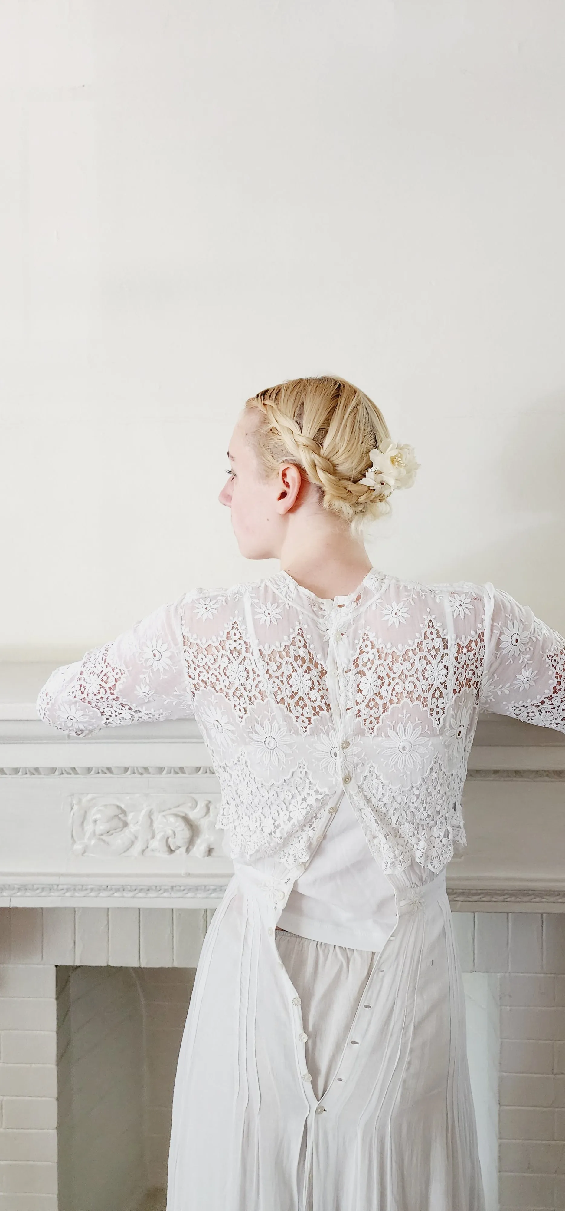 Edwardian White Cotton Tea Dress Embroidered Crochet Lace AS IS / XS