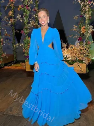 Elegant V-neck Long Sleeves A-line Long Prom Dress,PDS11553