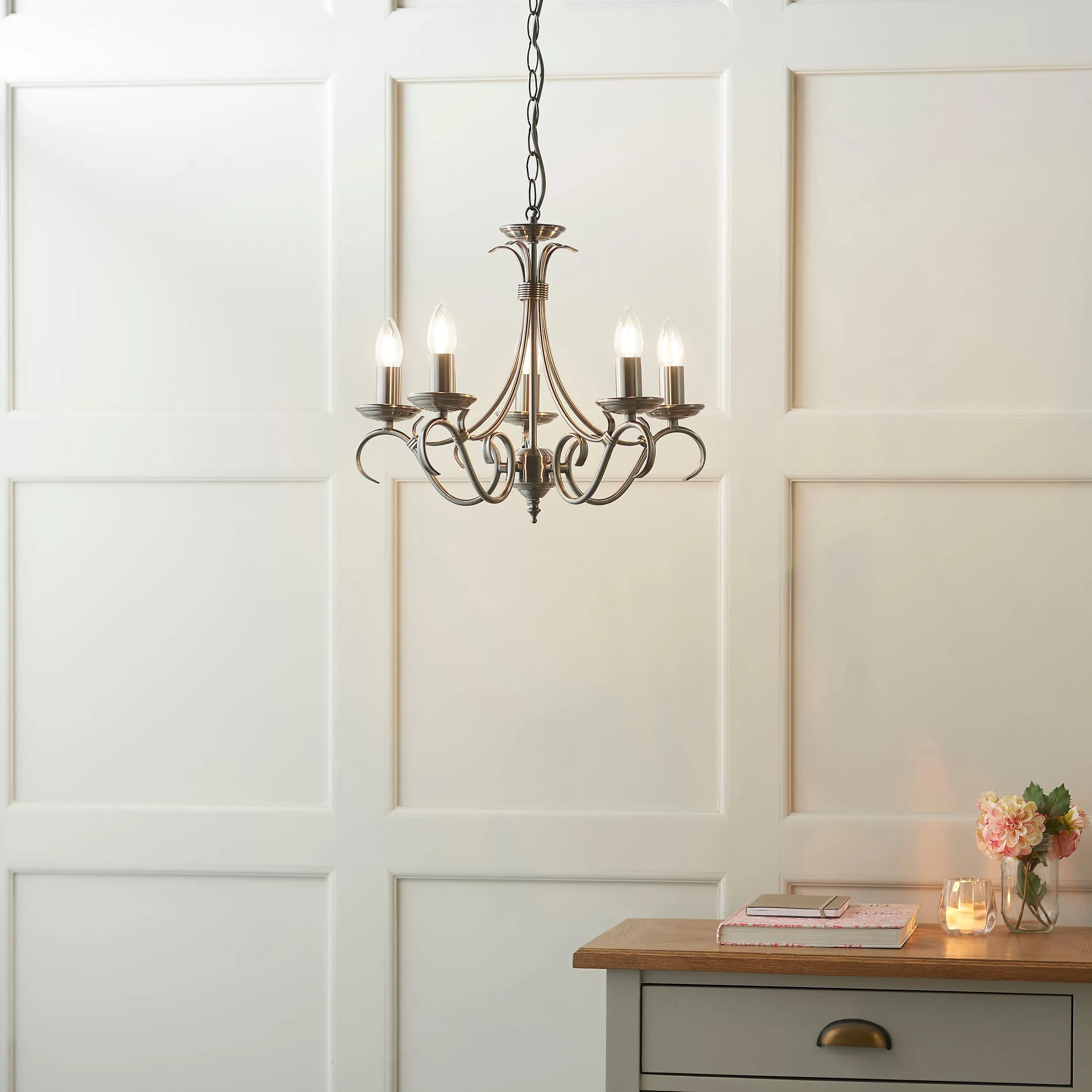 Endon 2030-5AS Bernice 5lt Pendant Antique silver effect plate 5 x 60W E14 candle (Required)