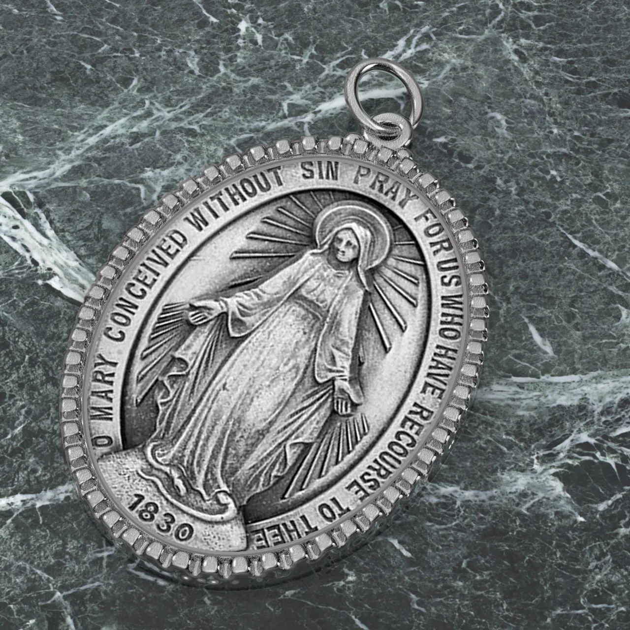 Extra Large Ladies 925 Sterling Silver Oval Miraculous Virgin Mary Medal Pendant Necklace, 39mm