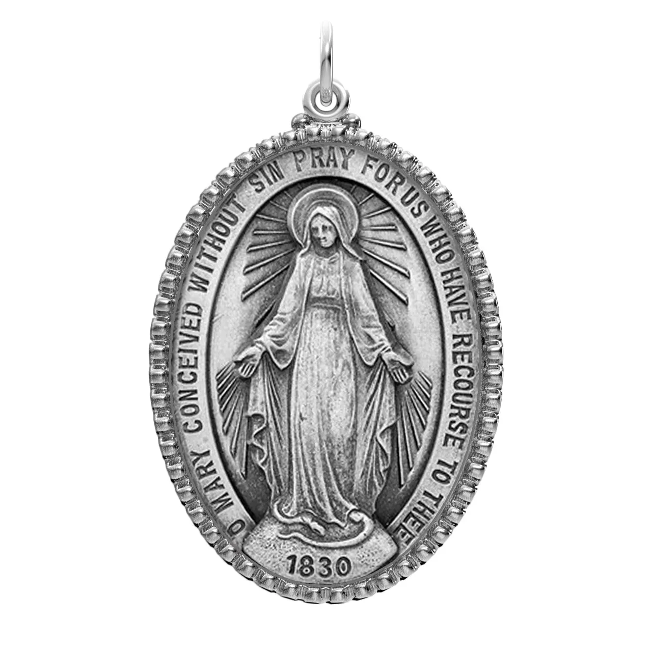Extra Large Ladies 925 Sterling Silver Oval Miraculous Virgin Mary Medal Pendant Necklace, 39mm