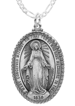 Extra Large Ladies 925 Sterling Silver Oval Miraculous Virgin Mary Medal Pendant Necklace, 39mm