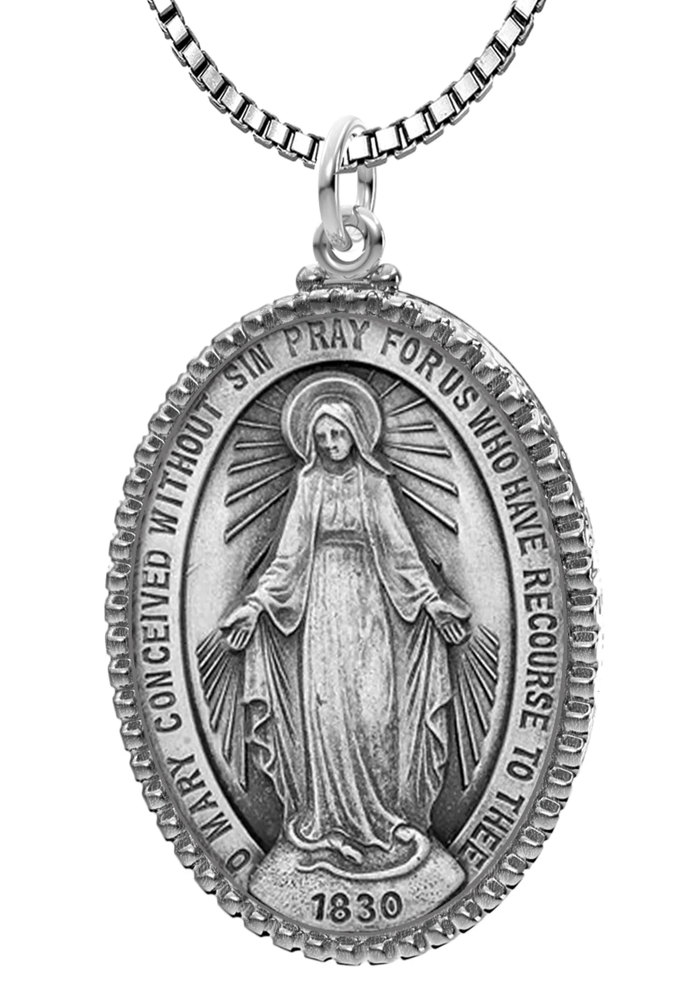 Extra Large Ladies 925 Sterling Silver Oval Miraculous Virgin Mary Medal Pendant Necklace, 39mm