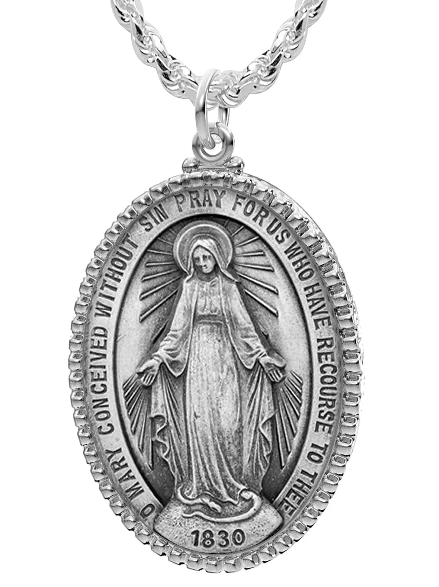 Extra Large Ladies 925 Sterling Silver Oval Miraculous Virgin Mary Medal Pendant Necklace, 39mm