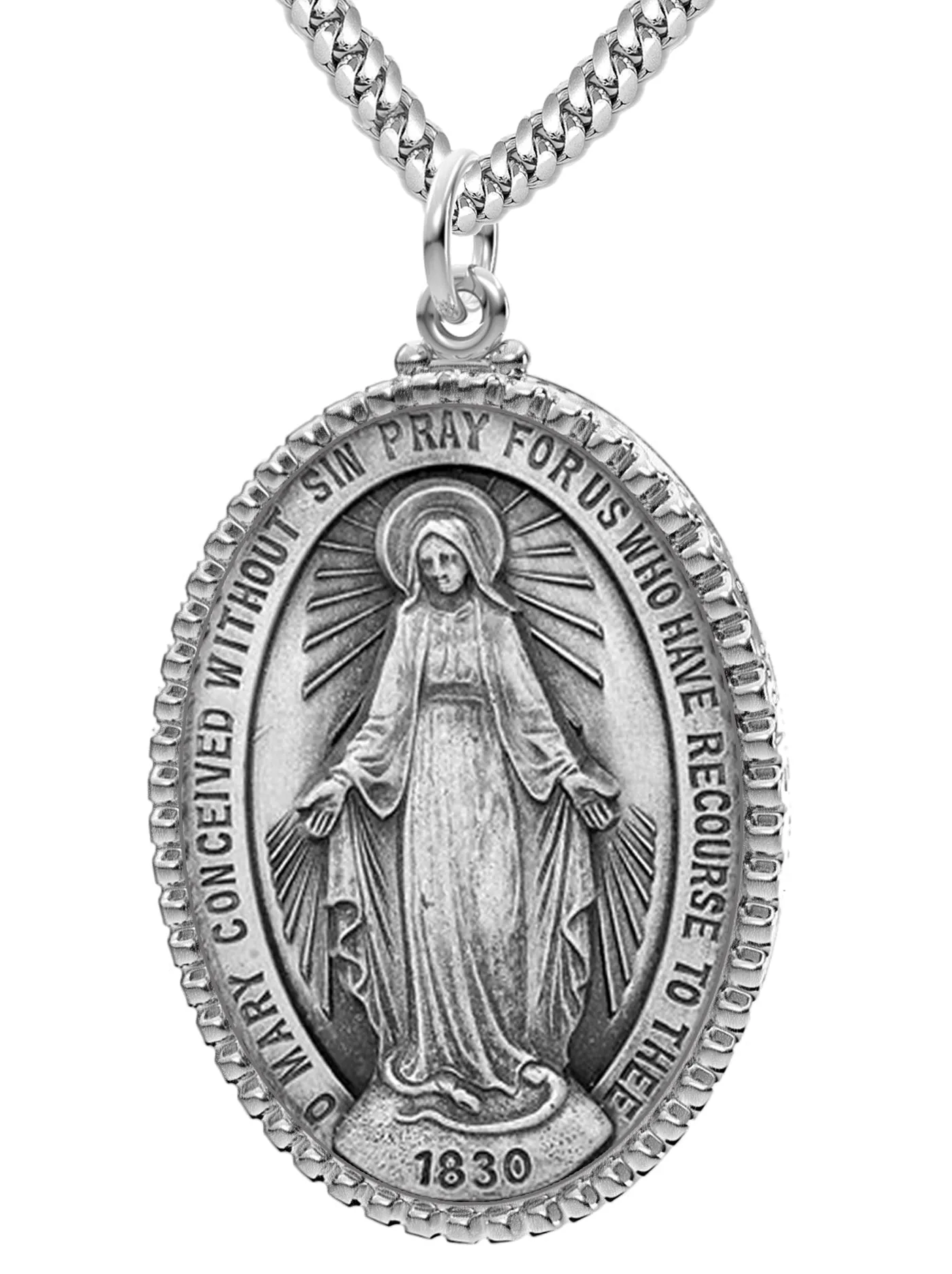 Extra Large Ladies 925 Sterling Silver Oval Miraculous Virgin Mary Medal Pendant Necklace, 39mm