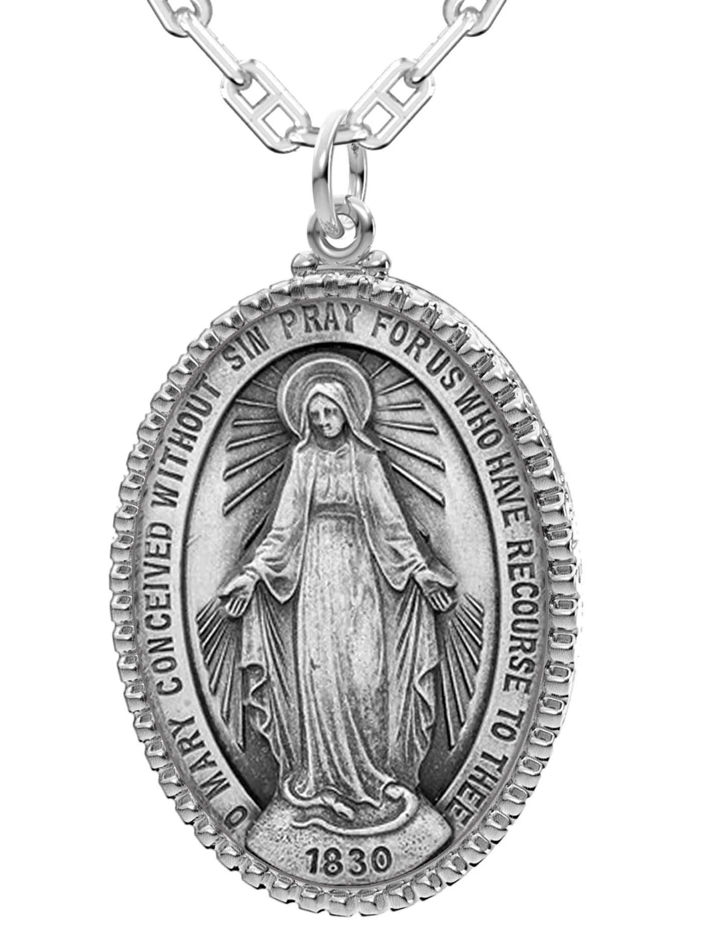 Extra Large Ladies 925 Sterling Silver Oval Miraculous Virgin Mary Medal Pendant Necklace, 39mm