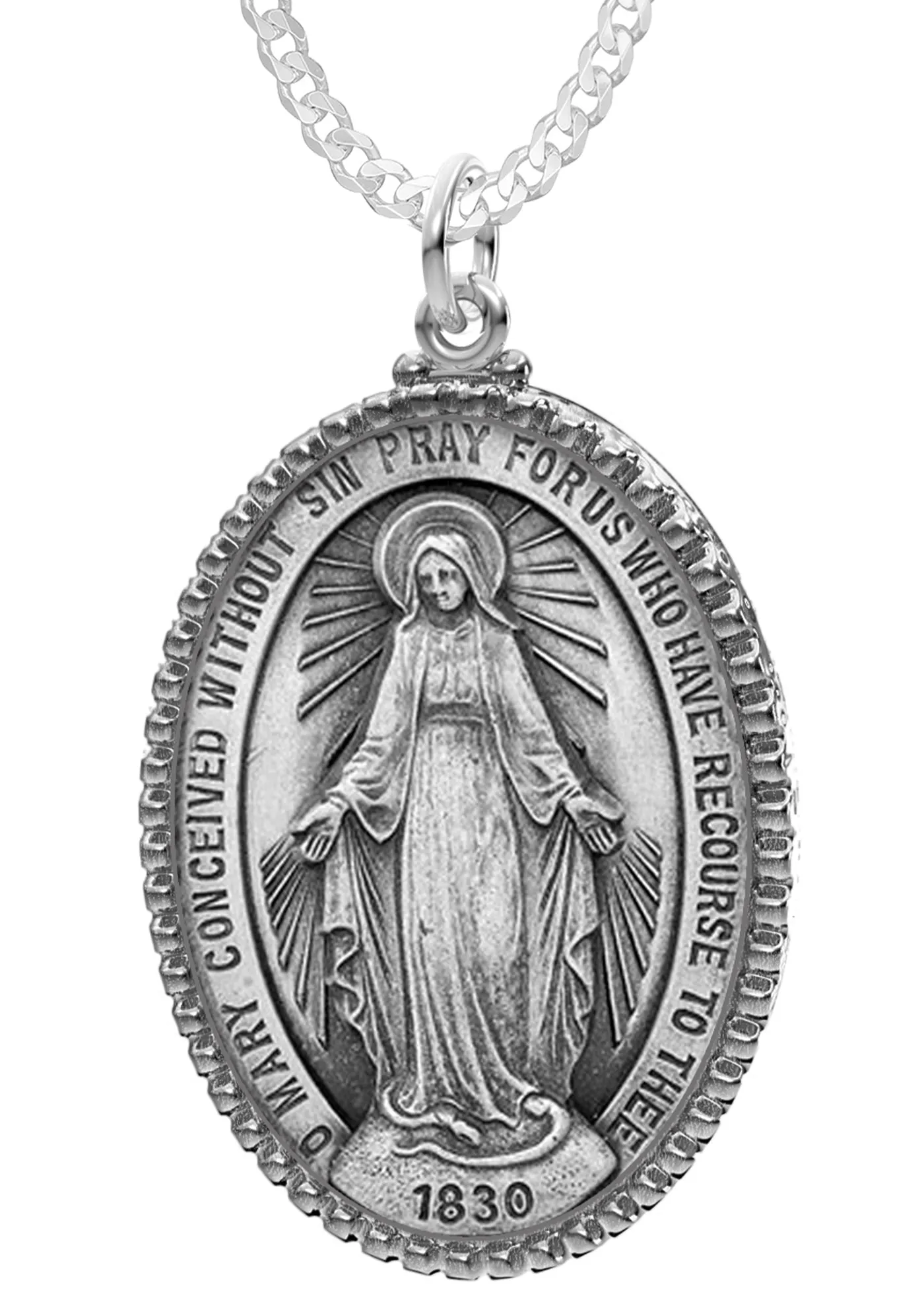 Extra Large Ladies 925 Sterling Silver Oval Miraculous Virgin Mary Medal Pendant Necklace, 39mm