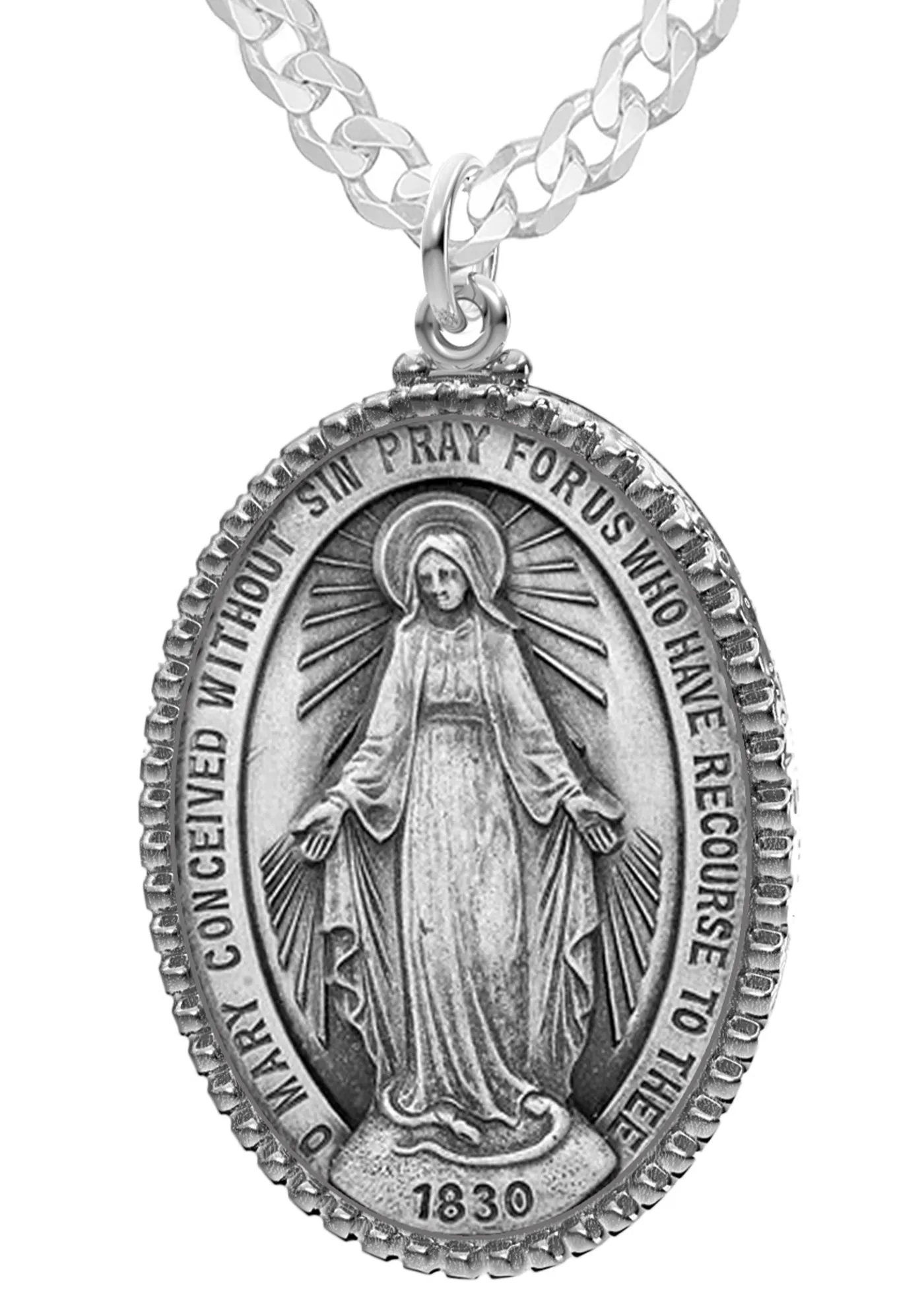 Extra Large Ladies 925 Sterling Silver Oval Miraculous Virgin Mary Medal Pendant Necklace, 39mm