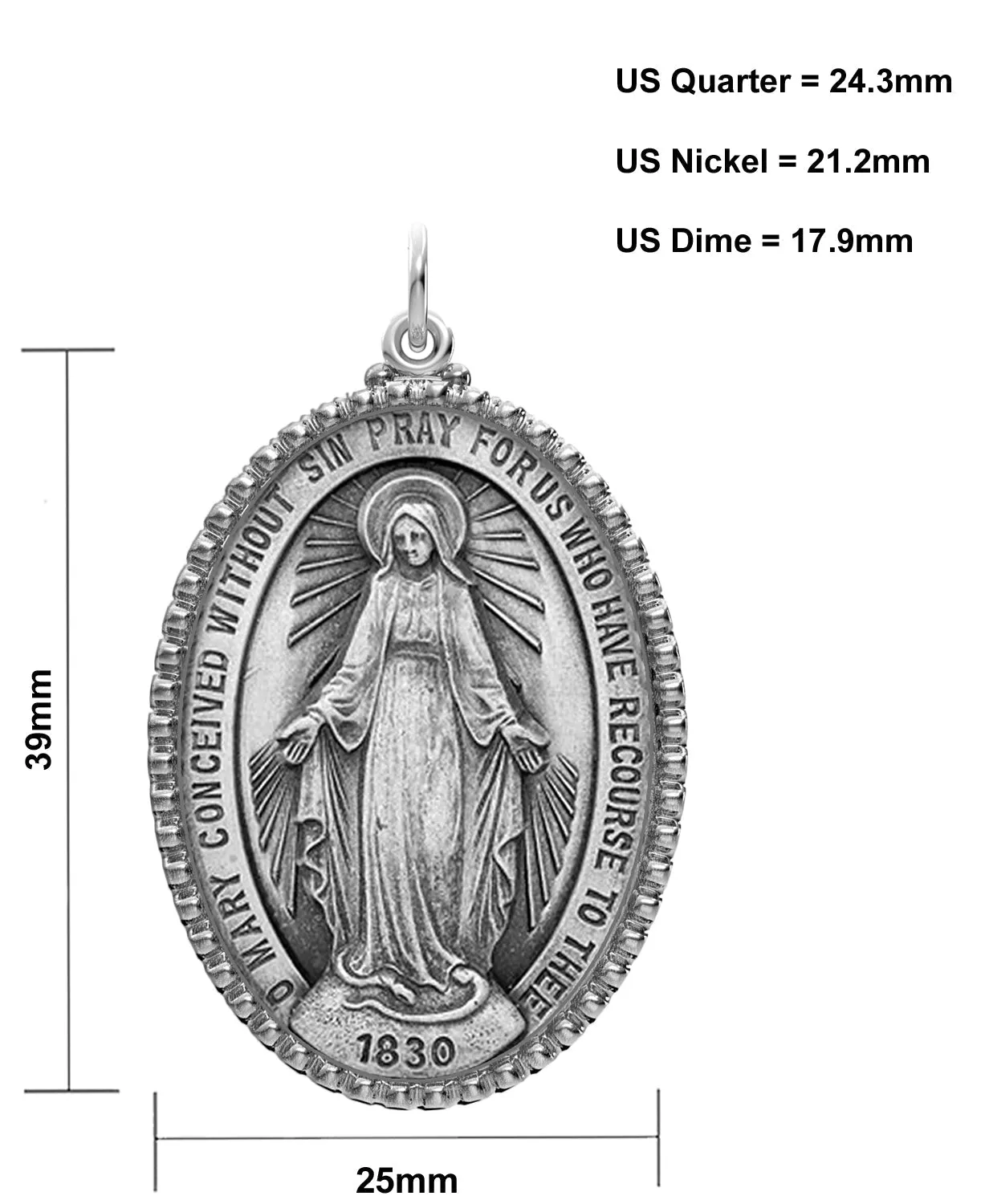 Extra Large Ladies 925 Sterling Silver Oval Miraculous Virgin Mary Medal Pendant Necklace, 39mm