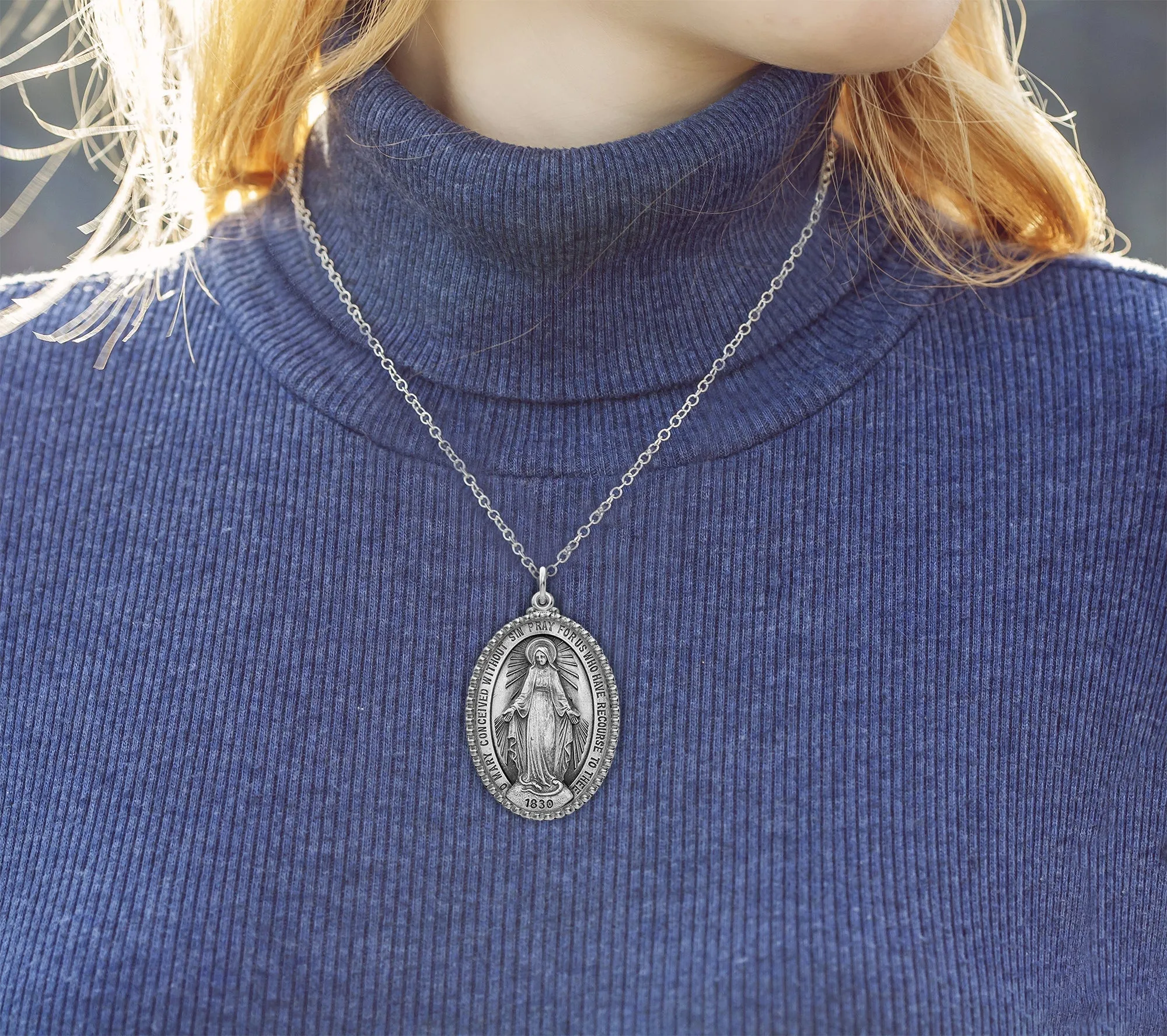 Extra Large Ladies 925 Sterling Silver Oval Miraculous Virgin Mary Medal Pendant Necklace, 39mm
