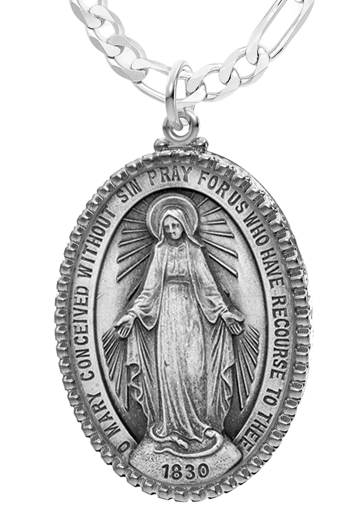 Extra Large Ladies 925 Sterling Silver Oval Miraculous Virgin Mary Medal Pendant Necklace, 39mm