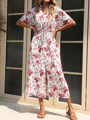 Floral Print Midi Dress with Button-Down Front and Cinched Waist