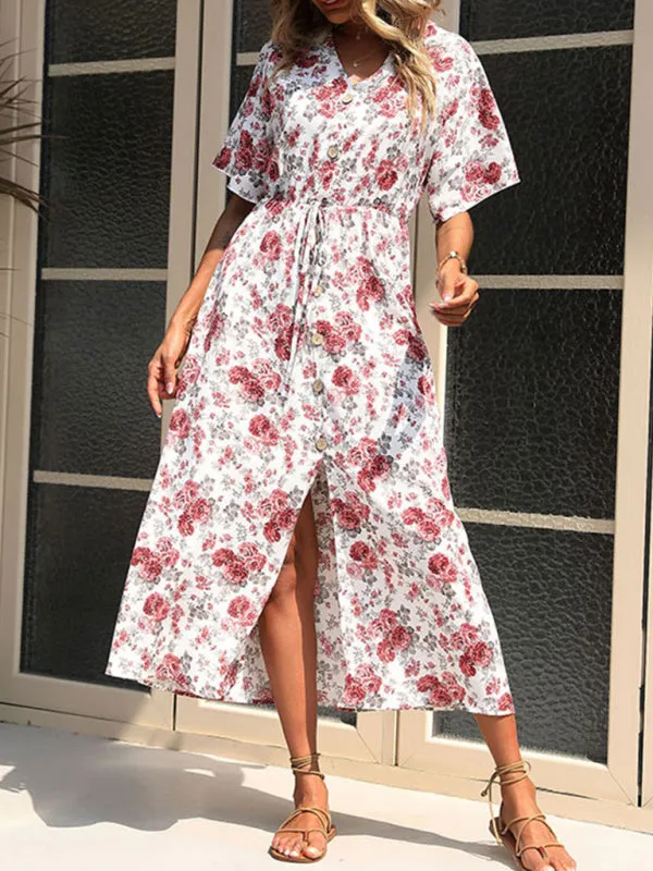 Floral Print Midi Dress with Button-Down Front and Cinched Waist