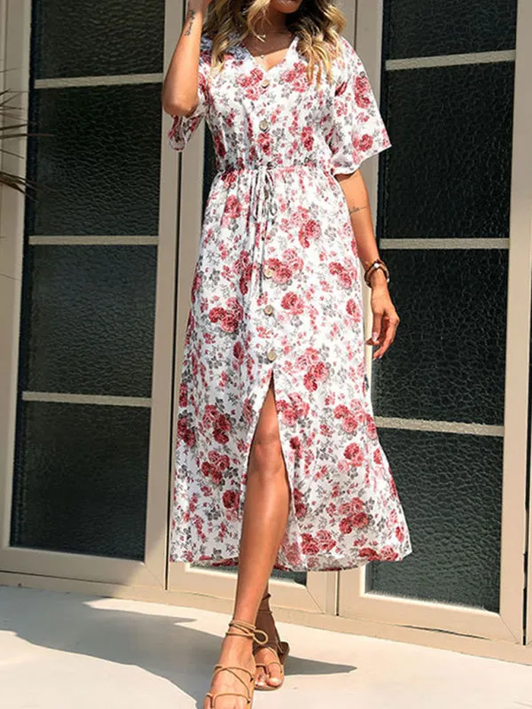 Floral Print Midi Dress with Button-Down Front and Cinched Waist