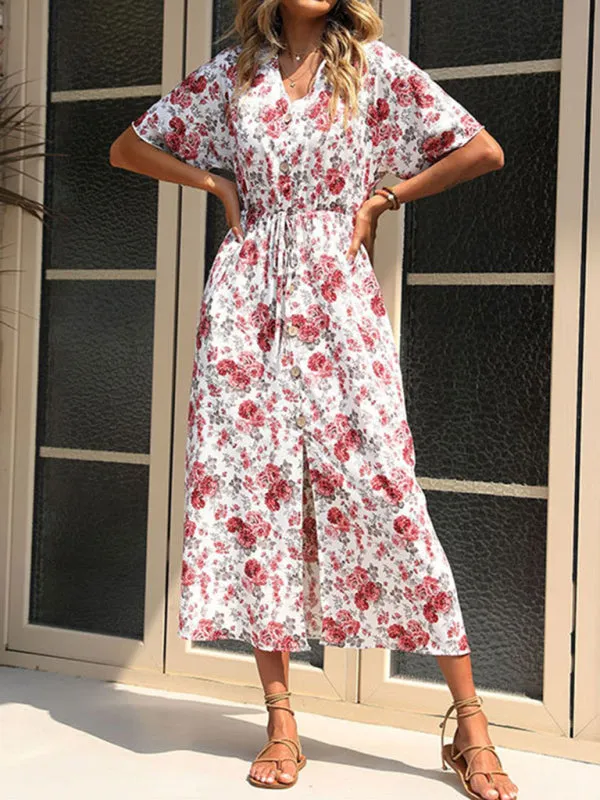 Floral Print Midi Dress with Button-Down Front and Cinched Waist