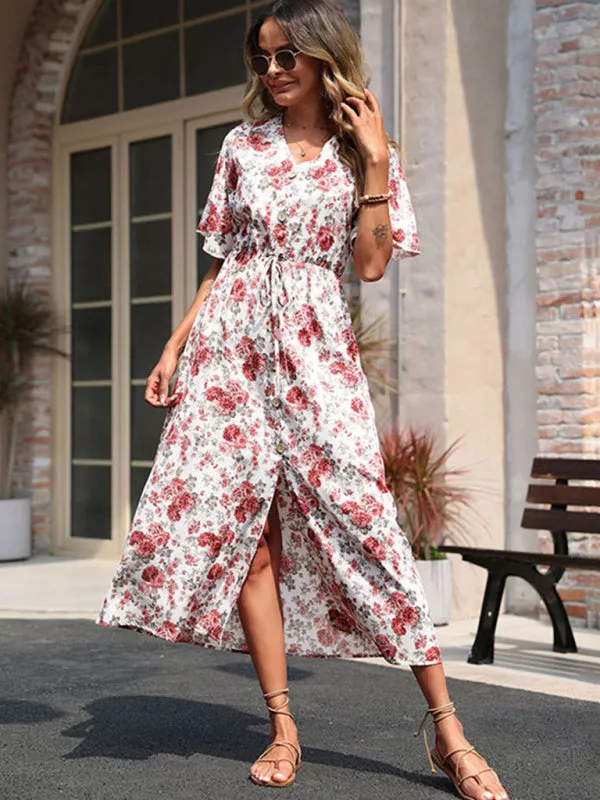 Floral Print Midi Dress with Button-Down Front and Cinched Waist