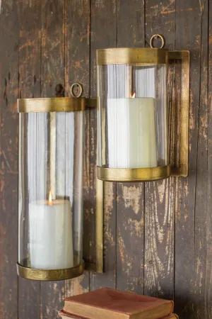 Glass and Antique Brass Finish Wall Mounted Hurricane \ Large