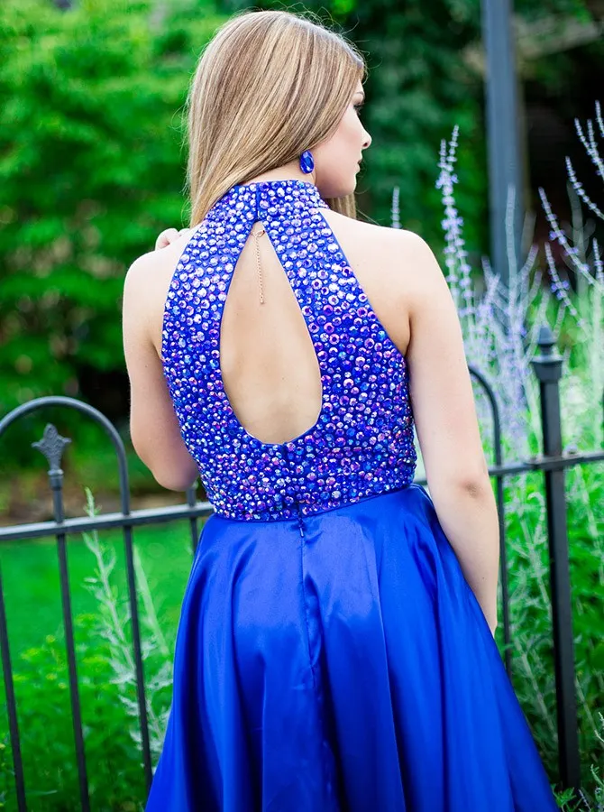 Gold Two Piece Halter Beading Backless Stain Homecoming Dresses