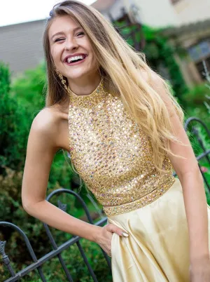 Gold Two Piece Halter Beading Backless Stain Homecoming Dresses