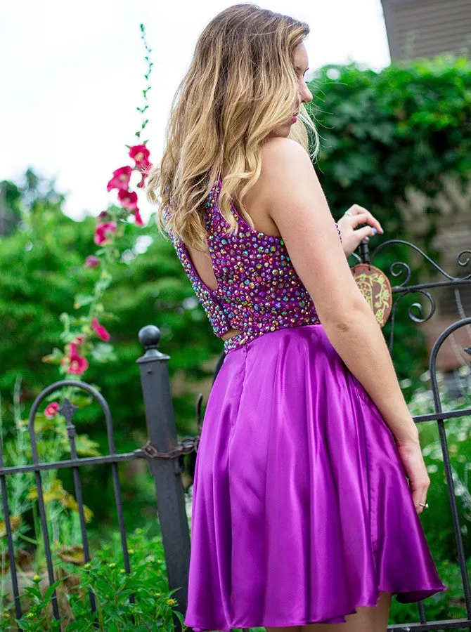 Gold Two Piece Halter Beading Backless Stain Homecoming Dresses