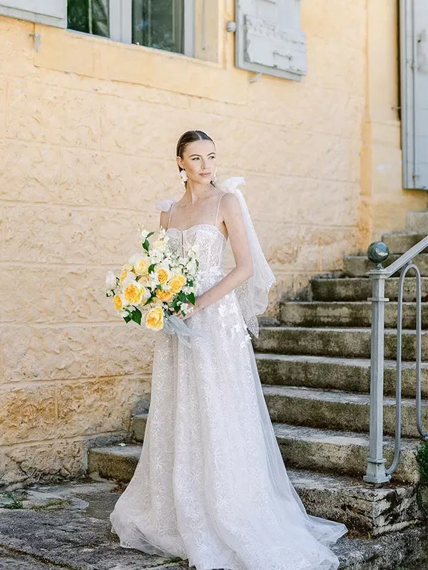 Gorgeous Spaghetti Straps A-line Applique Tulle Long Wedding Dress, WD0531