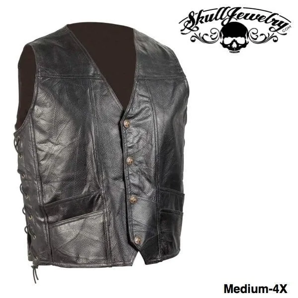 Hand-Sewn Pebble Grain Genuine Leather Biker Vest w/American Flag Patch (Medium-4X)