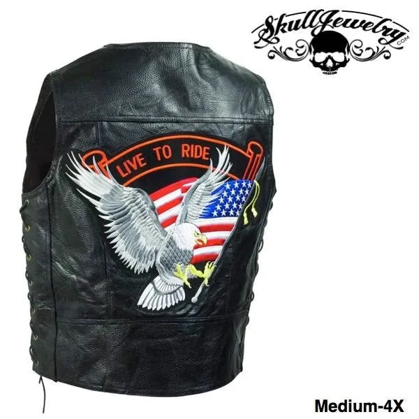 Hand-Sewn Pebble Grain Genuine Leather Biker Vest w/American Flag Patch (Medium-4X)