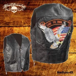 Hand-Sewn Pebble Grain Genuine Leather Biker Vest w/American Flag Patch (Medium-4X)