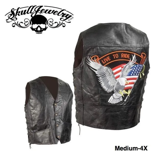Hand-Sewn Pebble Grain Genuine Leather Biker Vest w/American Flag Patch (Medium-4X)