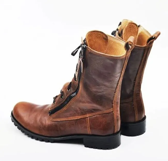 Handmade Leather Side Zipper Lace-Up Biker Boots for Men