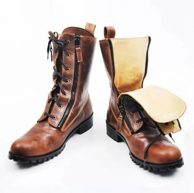 Handmade Leather Side Zipper Lace-Up Biker Boots for Men