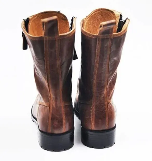 Handmade Leather Side Zipper Lace-Up Biker Boots for Men