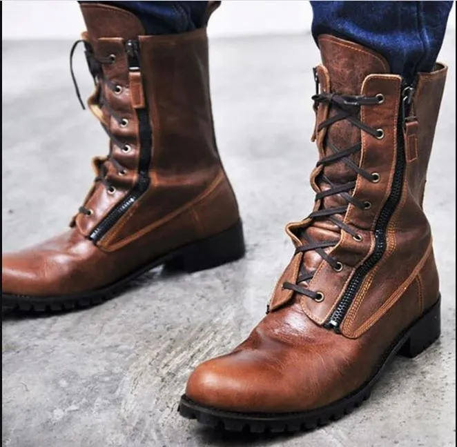 Handmade Leather Side Zipper Lace-Up Biker Boots for Men