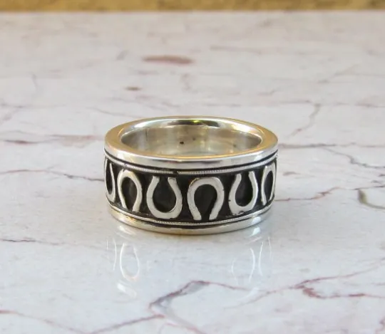 Horseshoe Wedding Band Equestrian Sterling Silver 925 Custom Rings Men or Womens Size 4 5 6 7 8 9 10 11 12 13 14 15 16 Half and 1/4 Sizes