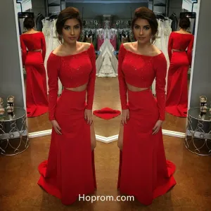 Hot Red Long Sleeves Prom Dress, Two Pieces Sequins Prom Dresses