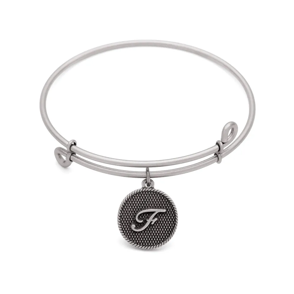 Initial F, Bangle Antique Silver Color Finish