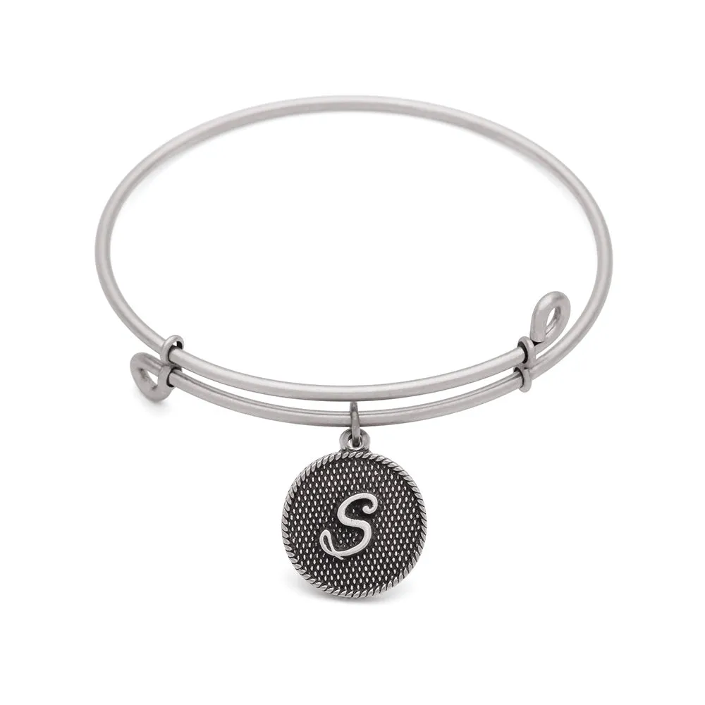 Initial S, Bangle Antique Silver Color Finish