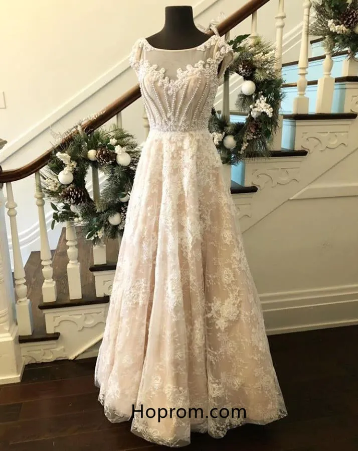 Ivory Cap Sleeve Lace Prom Dresses with Pearls