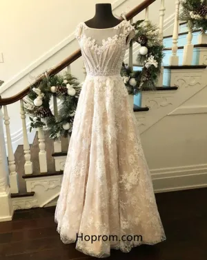 Ivory Cap Sleeve Lace Prom Dresses with Pearls