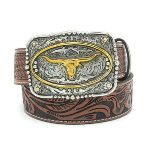 Kids’ 1 1/4" Square Longhorn Tooled Buckle Belt
