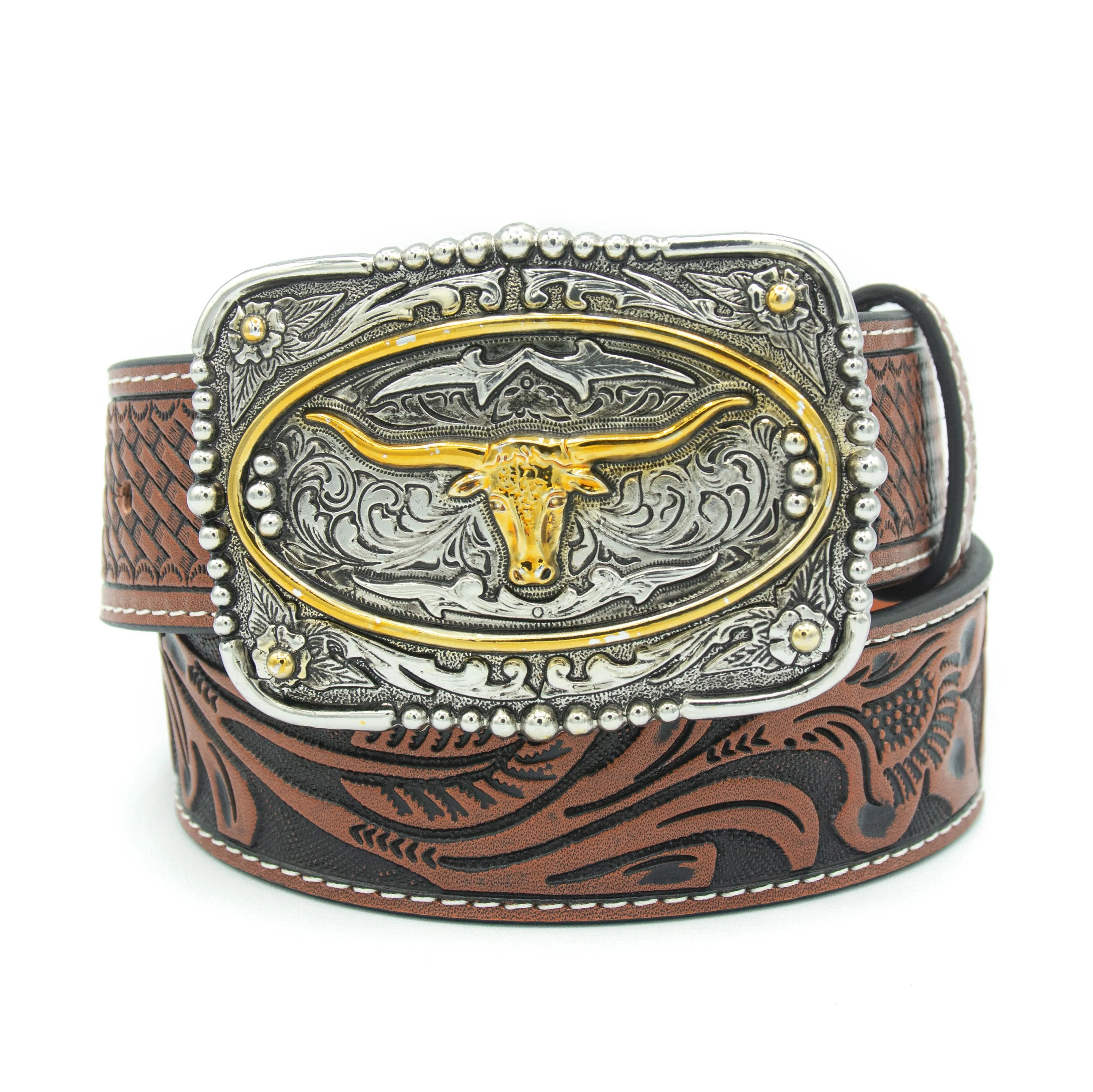 Kids’ 1 1/4" Square Longhorn Tooled Buckle Belt