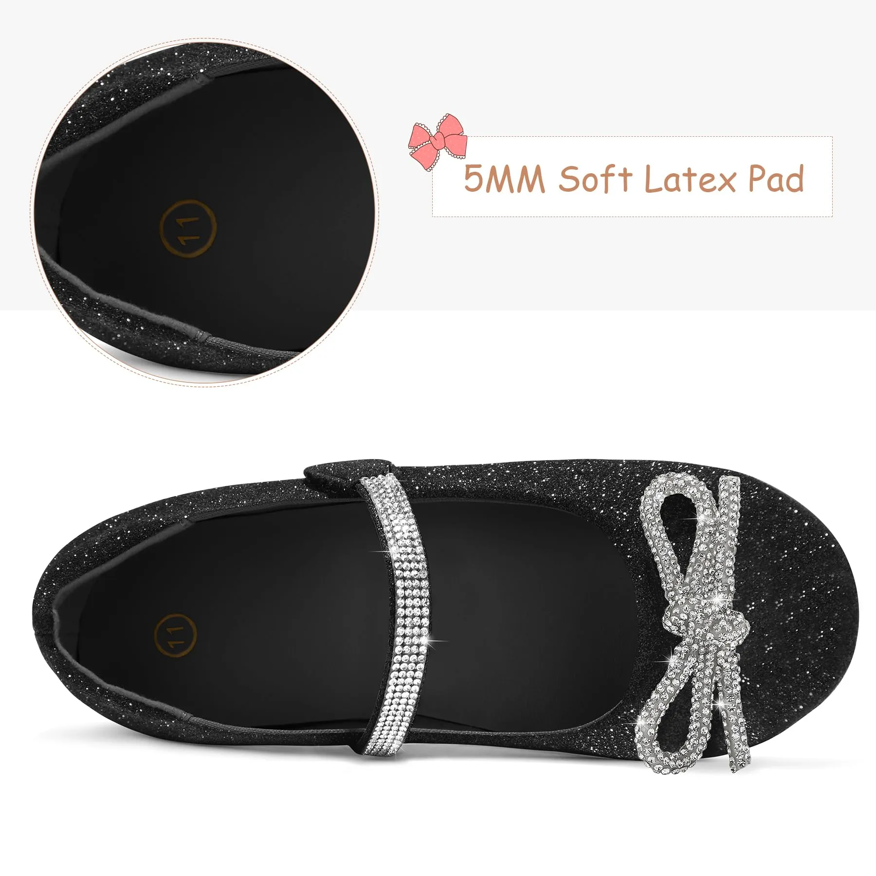 Kids Dress Shoes-Black Glitter Mary Janes with Diamond Bow
