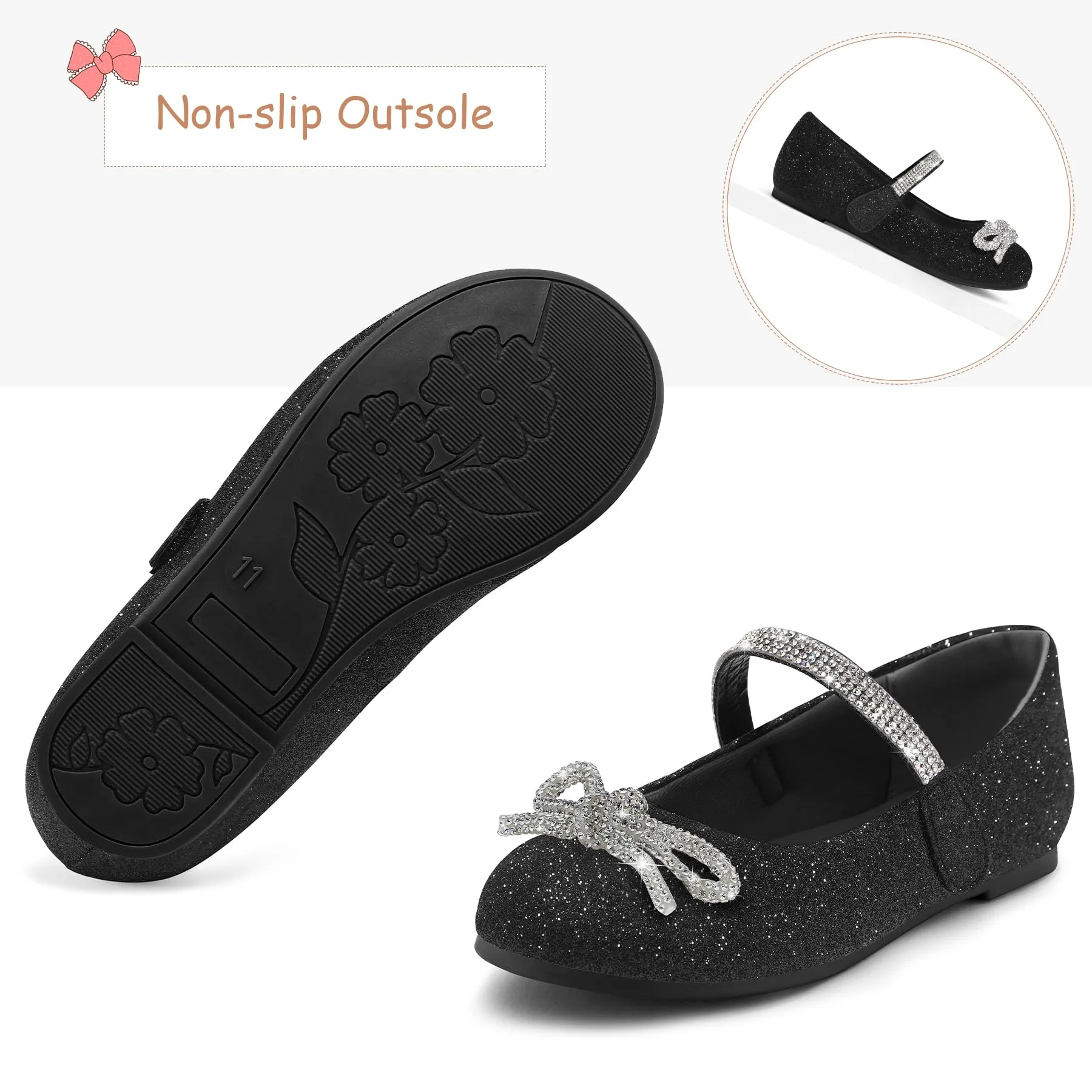 Kids Dress Shoes-Black Glitter Mary Janes with Diamond Bow
